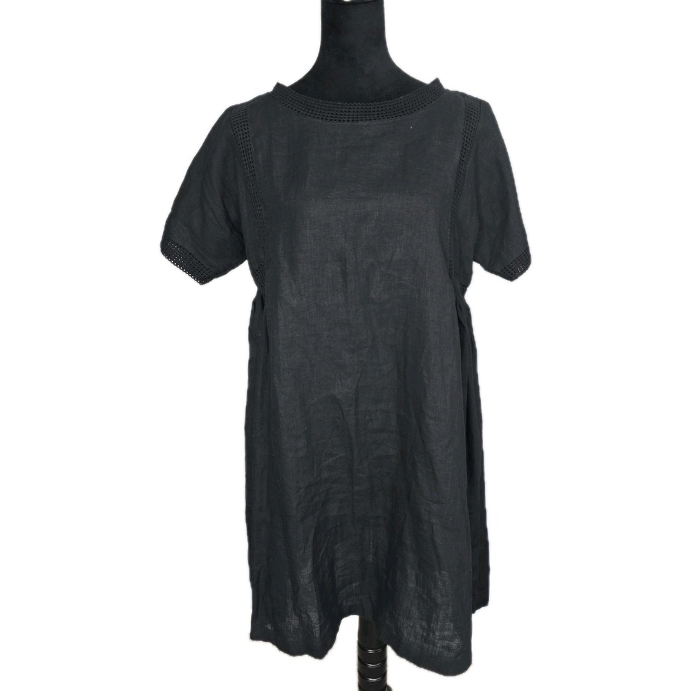 Pomegranate Linen Boxy‎ Mini Sundress Medium Black Coastal Preppy Pockets